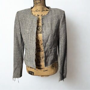 Tonello Open Front Wool Blend Raw Hem Distressed Tweed Blazer